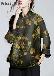 Chinese Style Golden Brown Stand Collar Button Print Silk Coats Long Sleeve