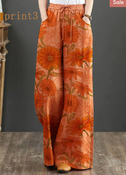 Orange Elastic Waist Linen Straight Pants Solid Color Drawstring Summer