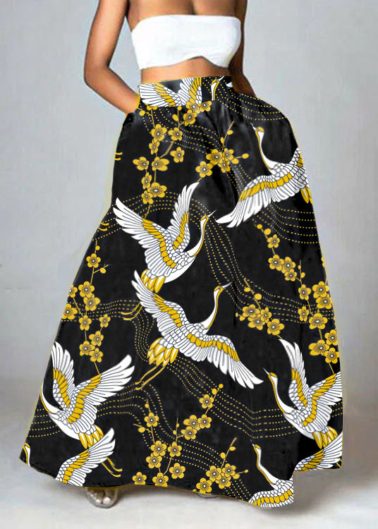 Bohemian Yellow High Waist Pockets Floral Print Cotton A Line Skirt Summer