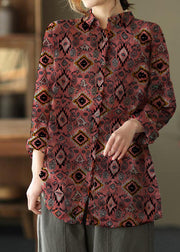 Unique Lapel Patchwork Spring Tunic Pattern Photography Red Print Blouse