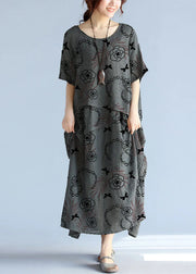 baggy gray long linen dresses oversized layered cotton maxi dress vintage short sleeve cotton clothing
