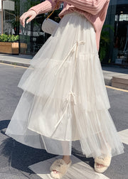 Apricot Lace Up Wrinkled Tulle Elastic Waist Skirt