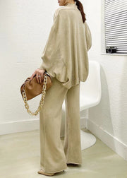 Apricot Tops And Pants Knit Two Pieces Set Hign Neck Batwing Sleeve