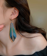 Beautiful Multi Copper Zircon Feather Leaves Tassel Drop Earrings