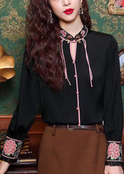 Black Hollow Out Button Silk Shirt Long Sleeve