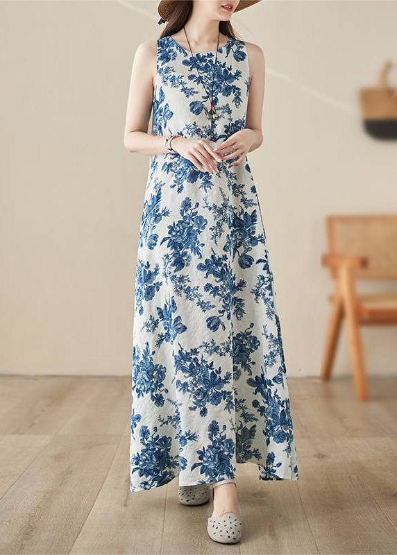 Bohemian Blue O-Neck Print Long Dress Summer
