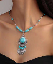Boho Blue Sterling Silver Turquoise Water Drop Leaves Pendant Necklace