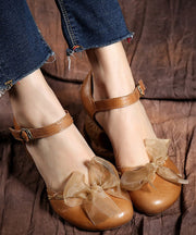 Classy Brown Chunky Cowhide Leather Bow Buckle Strap High Heels