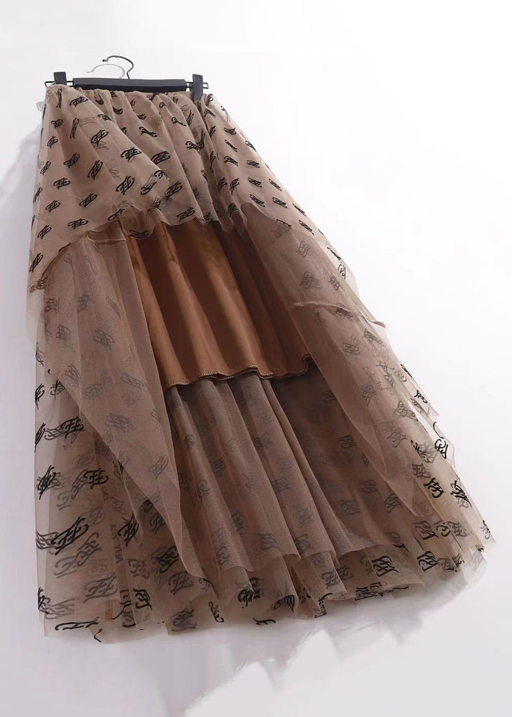 Coffee Wrinkled Tulle Skirt High Waist Summer