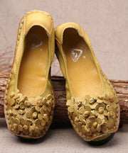 Comfy Mulberry Cowhide Leather Flower Splicing Flat Shoes