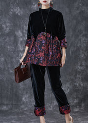Elegant Black Oversized Patchwork Jacquard Silk Velvet Two Pieces Set Spring