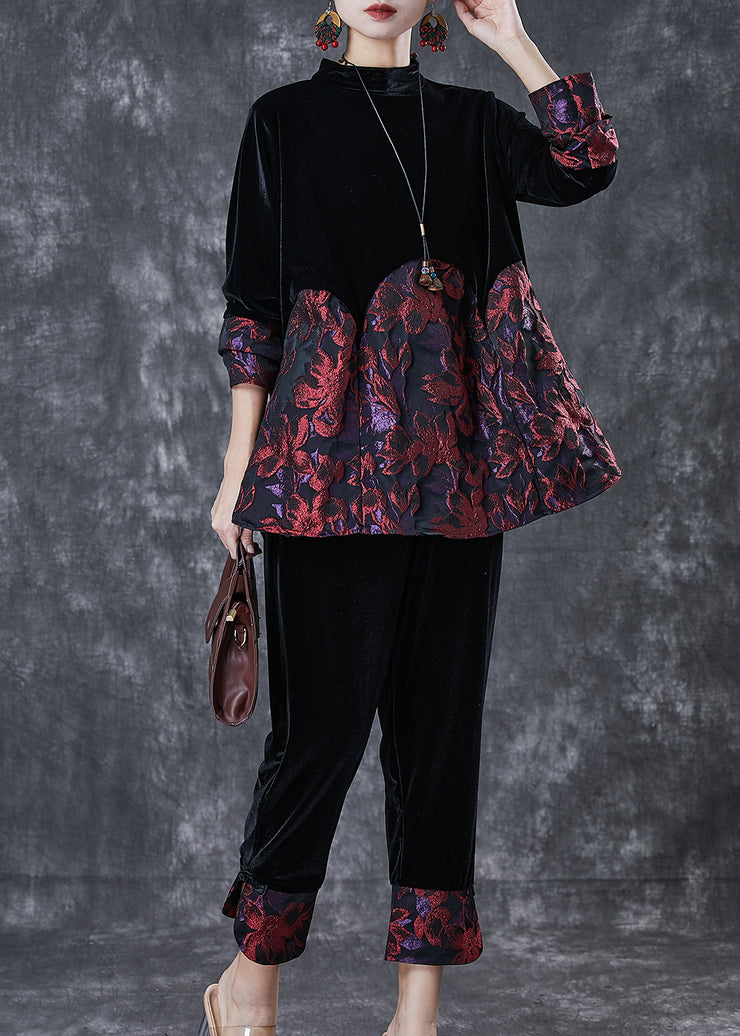 Elegant Black Oversized Patchwork Jacquard Silk Velvet Two Pieces Set Spring