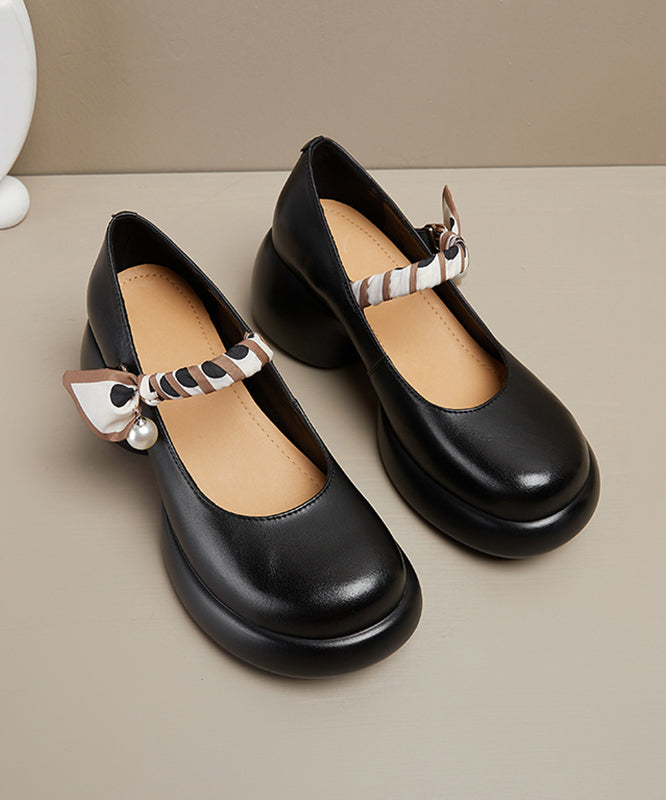 Elegant Black Pearl Splicing Buckle Strap Genuine Leather High Heels