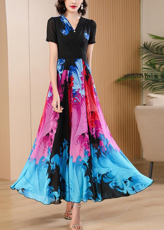 Elegant Black V Neck Print High Waist Chiffon Maxi Dresses Summer