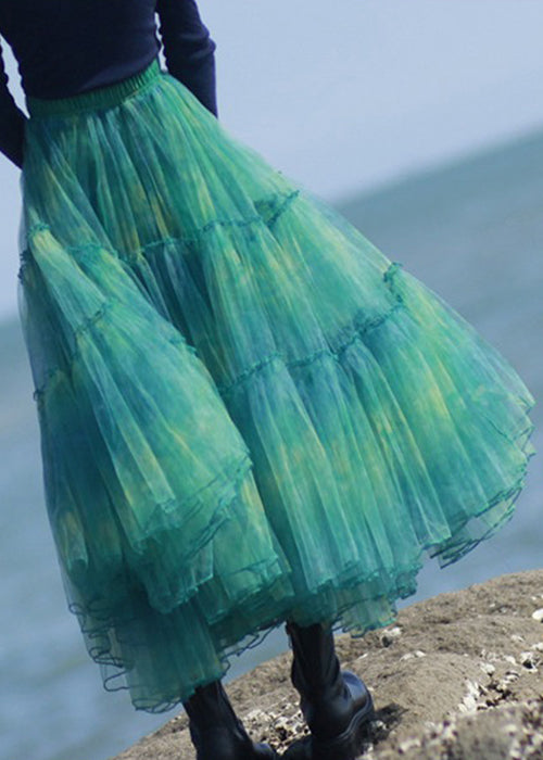 Elegant Green Ruffled Elastic Waist Tulle Skirt Spring