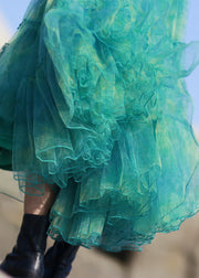 Elegant Green Ruffled Elastic Waist Tulle Skirt Spring