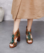 Ethnic Style Hollow Out Floral Chunky Heel Fish Mouth Sandals