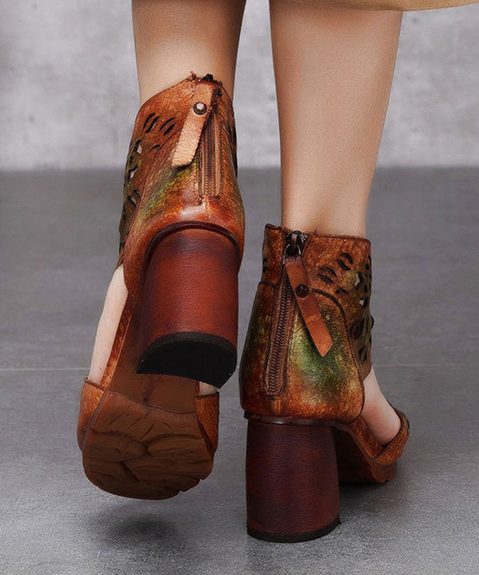 Ethnic Style Hollow Out Floral Chunky Heel Fish Mouth Sandals