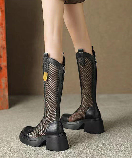 Fashion Breathable Tulle Splicing Chunky Boots Black Cowhide Leather