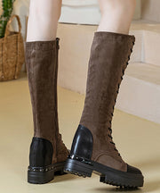 Fitted Brown Cowhide Leather Splicing Lace Up Chunky Boots