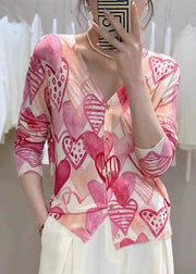 French Pink Print V Neck Button Knit Tops Long Sleeve