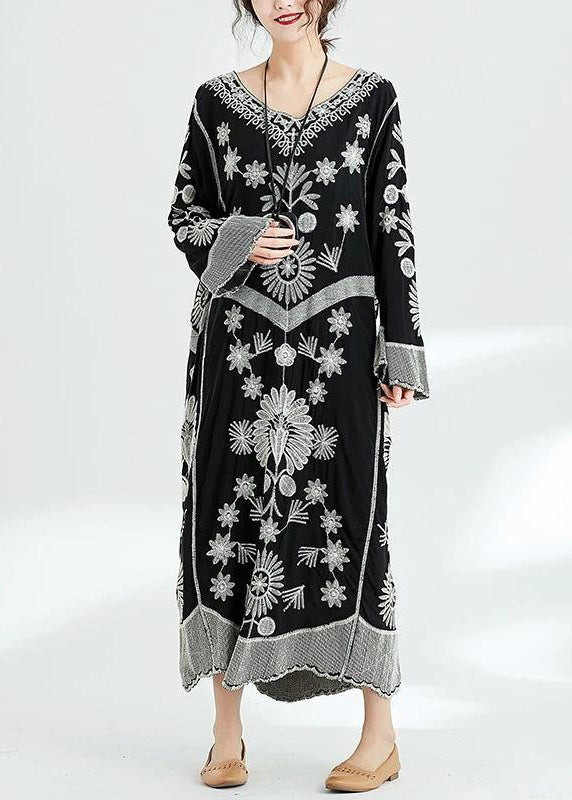 French black print v neck baggy chiffon robes spring Dresses