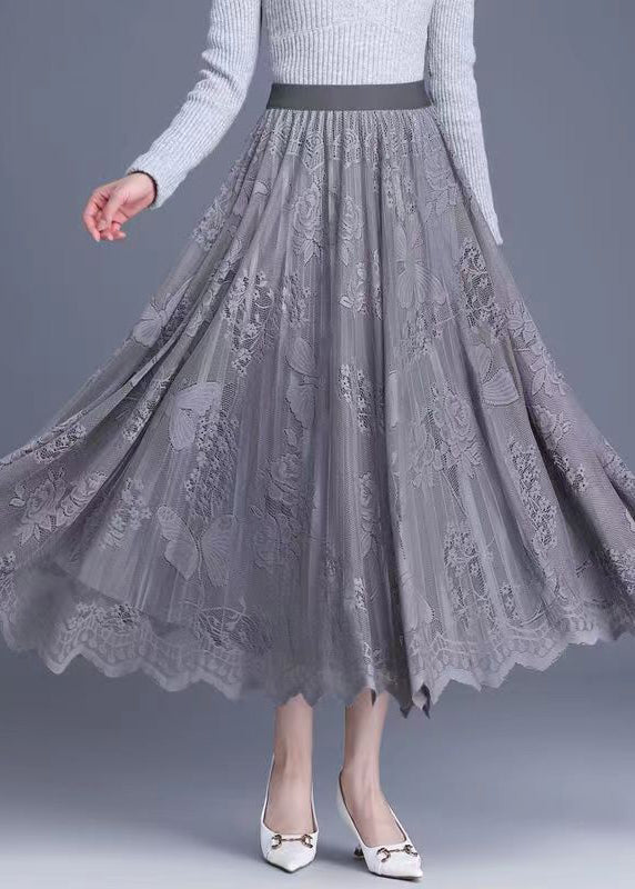 Grey Wear On Both Sides Lace Pleated Skirts Exra Large Hem Spring