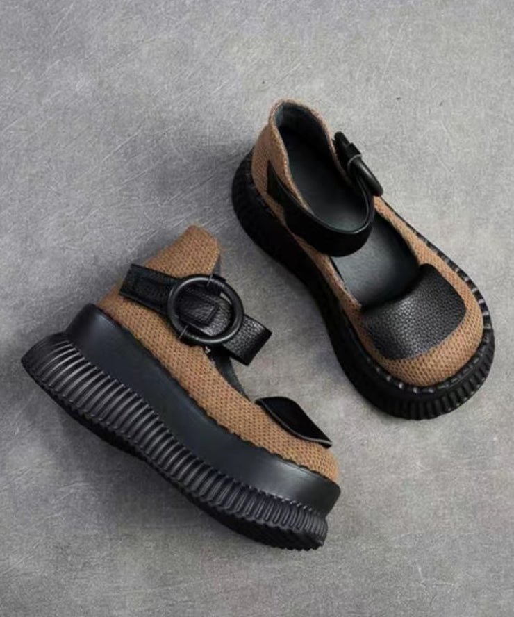 Handmade Black Platform Splicing Buckle Strap Loafer Shoes