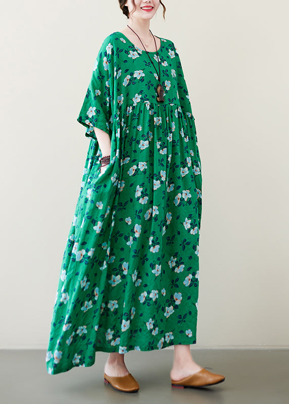 Handmade Green O-Neck Print Wrinkled Long Dress Summer