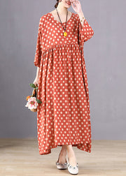 Handmade Red Dot Print Wrinkled Long Dresses Long Sleeve
