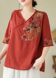 Italian Red Solid Side Open Cotton Top Half Sleeve