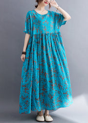 Loose Blue O Neck Print Wrinkled Cotton Dresses Summer