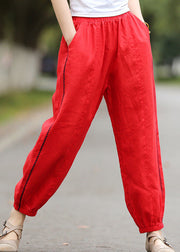 Loose Red Pockets Elastic Waist Cotton Crop Pants Summer