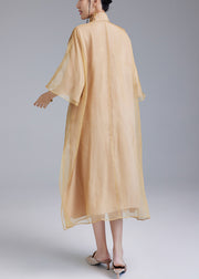 Loose Yellow Embroidered Button Silk Dress Flare Sleeve