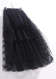 New Black Solid Pleated Tulle Skirt High Waist