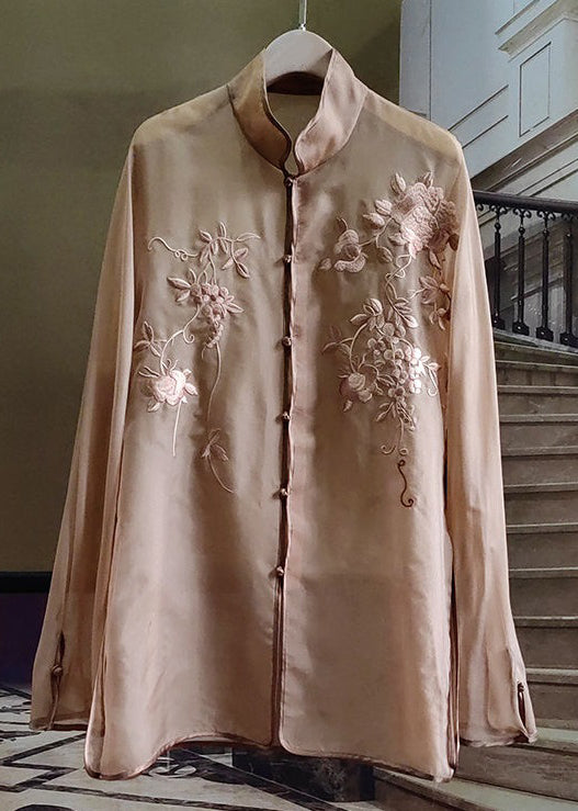 New Rose Embroidered Button Tulle Shirt Long Sleeve