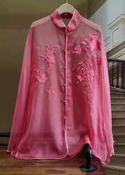 New Rose Embroidered Button Tulle Shirt Long Sleeve