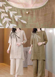 Organic Coffee Embroidered Side Open Linen Two Pieces Set Summer