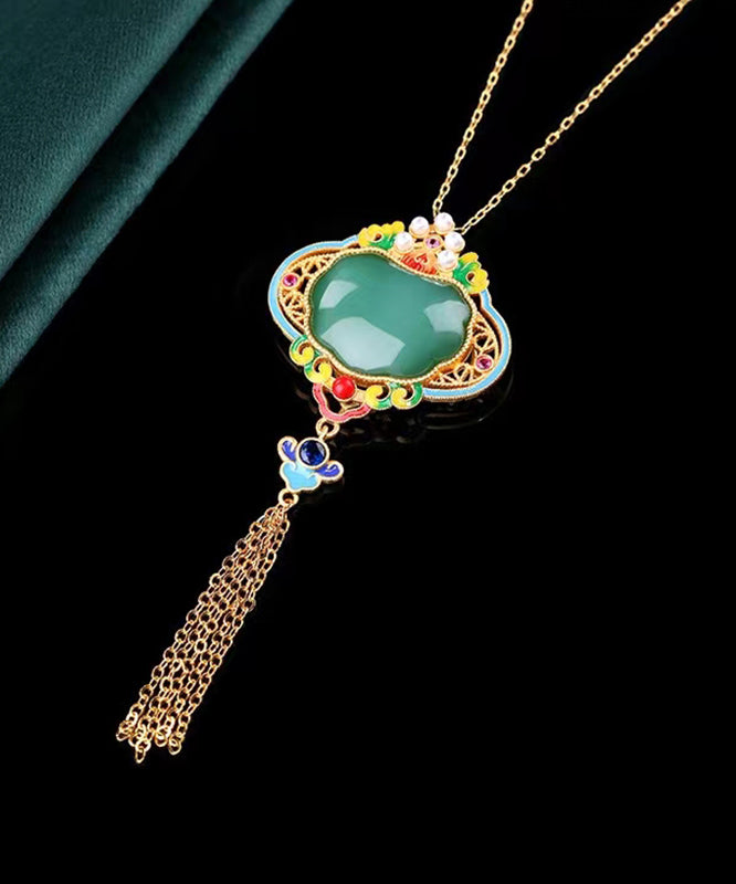 Original Design Rainbow Copper Overgild Jade Pearl Enamel Safety Lock Tassel Pendant Necklace