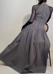 Original Grey O Neck Wrinkled Patchwork Cotton Dresses Spring