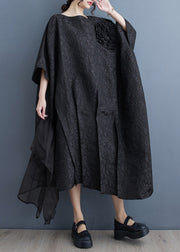 Plus Size Black O-Neck Patchwork Cotton Long Dresses Batwing Sleeve
