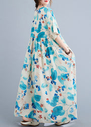 Plus Size Blue O Neck Print Pockets Cotton Dress Summer