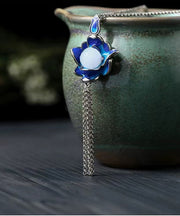 Retro Blue Ancient Gold Jade Lotus Flower Tassel Pendant Necklace