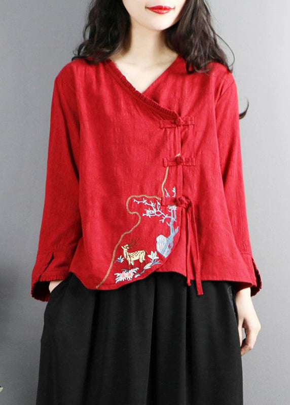 Vintage Red Embroidered Button Cotton Shirt Long Sleeve