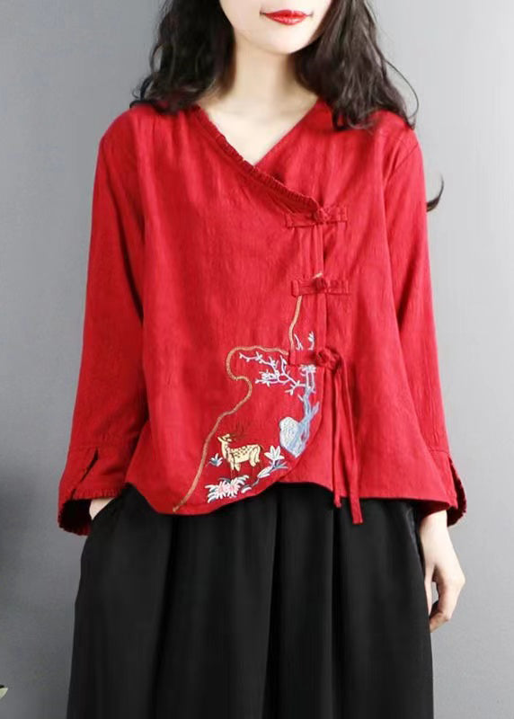 Vintage Red Embroidered Button Cotton Shirt Long Sleeve