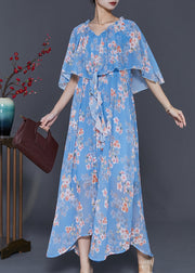 Women Blue Ruffled Print Chiffon Dresses Cloak Sleeves