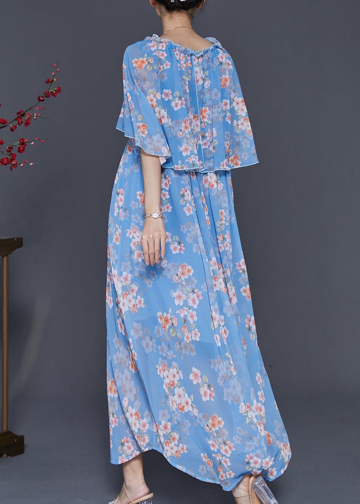 Women Blue Ruffled Print Chiffon Dresses Cloak Sleeves