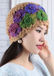 Women Brown Floral Knitted Cotton Bonnie Hat