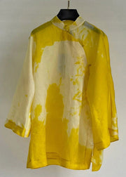 Women Yellow Stand Collar Button Cotton Shirt Long Sleeve