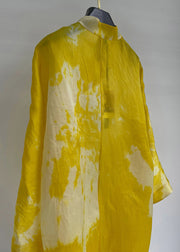 Women Yellow Stand Collar Button Cotton Shirt Long Sleeve
